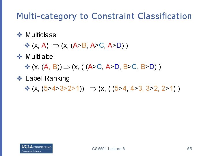 Multi-category to Constraint Classification v Multiclass v (x, A) (x, (A>B, A>C, A>D) )