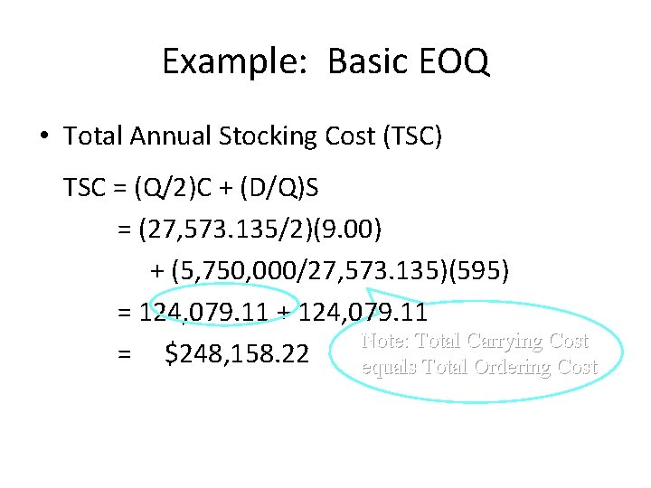Example: Basic EOQ • Total Annual Stocking Cost (TSC) TSC = (Q/2)C + (D/Q)S
