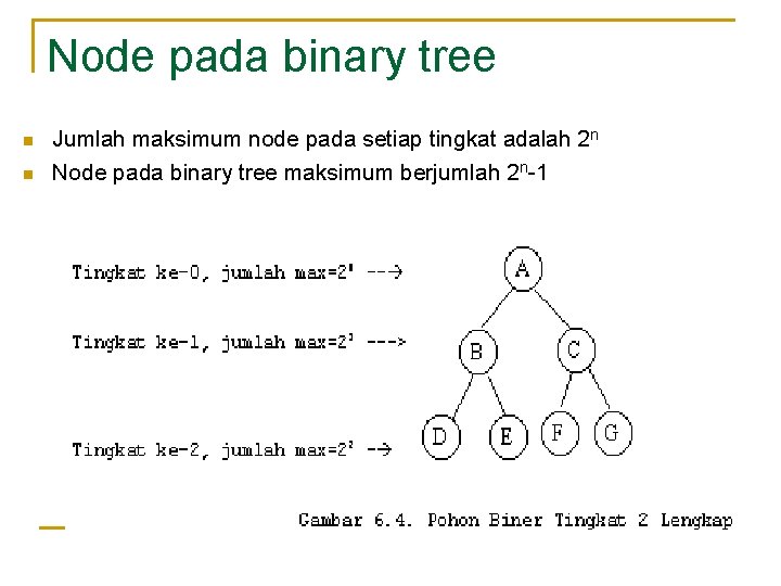 Node pada binary tree n n Jumlah maksimum node pada setiap tingkat adalah 2