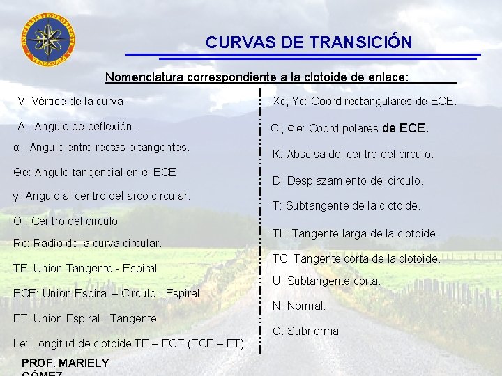 CURVAS DE TRANSICIÓN Nomenclatura correspondiente a la clotoide de enlace: V: Vértice de la