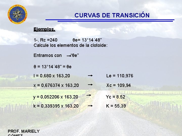 CURVAS DE TRANSICIÓN Ejemplos. 1 -. Rc =240 θe= 13° 14´ 48” Calcule los