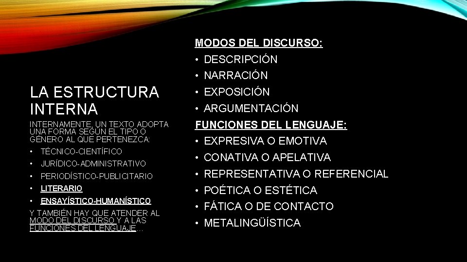 MODOS DEL DISCURSO: • DESCRIPCIÓN • NARRACIÓN LA ESTRUCTURA INTERNA • EXPOSICIÓN INTERNAMENTE, UN MODOS DEL DISCURSO: • DESCRIPCIÓN • NARRACIÓN LA ESTRUCTURA INTERNA • EXPOSICIÓN INTERNAMENTE, UN