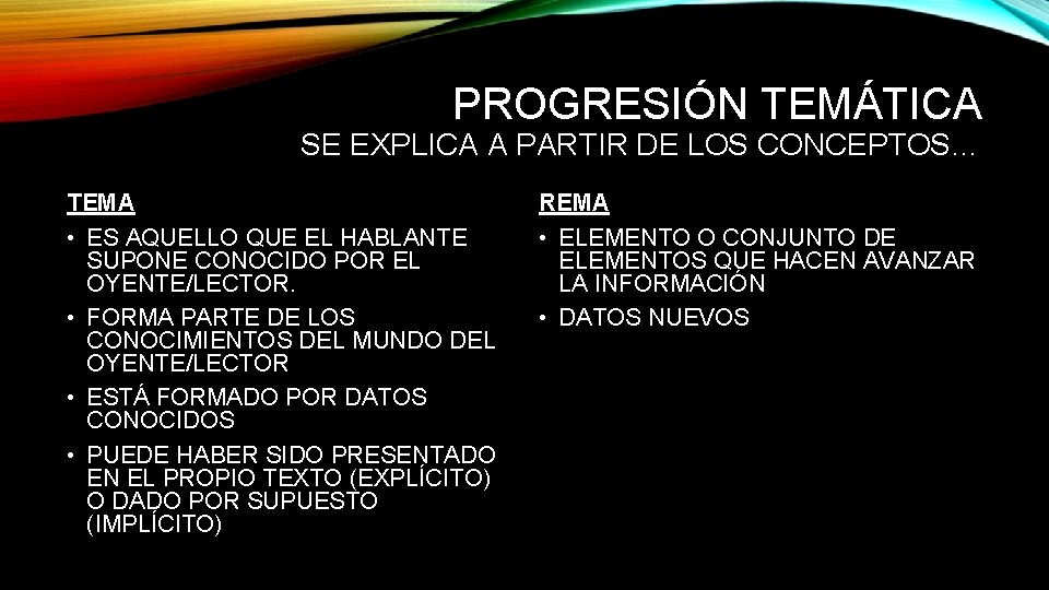 PROGRESIÓN TEMÁTICA SE EXPLICA A PARTIR DE LOS CONCEPTOS… TEMA • ES AQUELLO QUE PROGRESIÓN TEMÁTICA SE EXPLICA A PARTIR DE LOS CONCEPTOS… TEMA • ES AQUELLO QUE