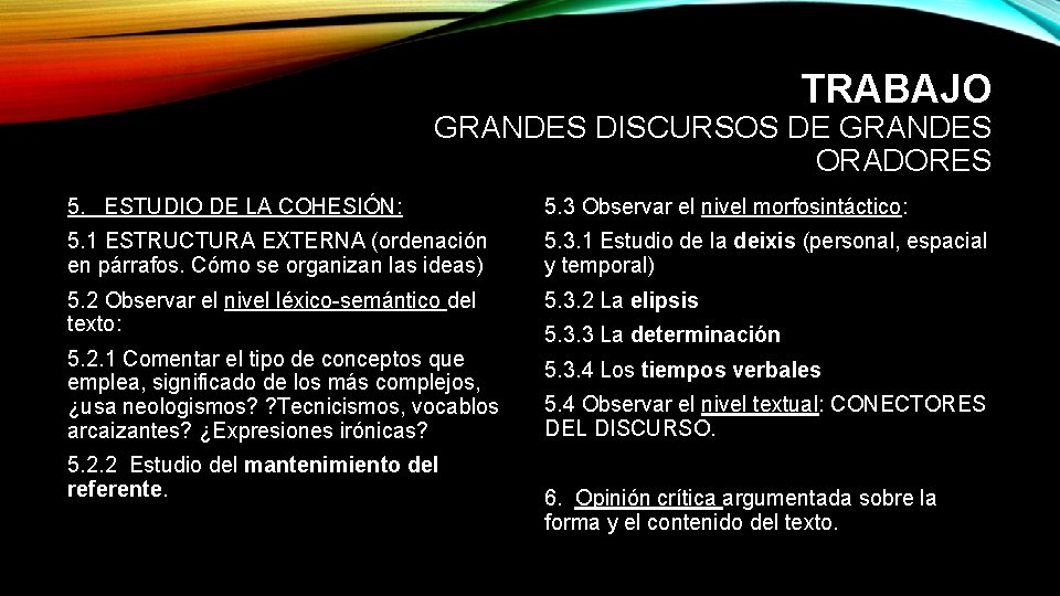 TRABAJO GRANDES DISCURSOS DE GRANDES ORADORES 5. ESTUDIO DE LA COHESIÓN: 5. 3 Observar TRABAJO GRANDES DISCURSOS DE GRANDES ORADORES 5. ESTUDIO DE LA COHESIÓN: 5. 3 Observar