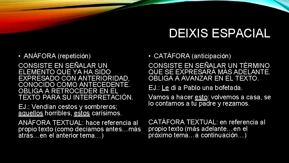 DEIXIS ESPACIAL • ANÁFORA (repetición) CONSISTE EN SEÑALAR UN ELEMENTO QUE YA HA SIDO DEIXIS ESPACIAL • ANÁFORA (repetición) CONSISTE EN SEÑALAR UN ELEMENTO QUE YA HA SIDO