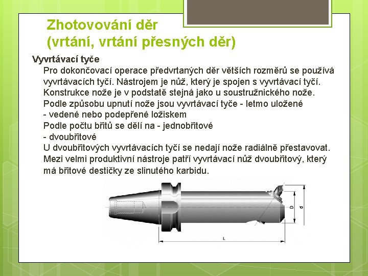 Zhotovování děr (vrtání, vrtání přesných děr) Vyvrtávací tyče Pro dokončovací operace předvrtaných děr větších