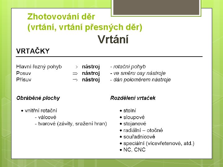 Zhotovování děr (vrtání, vrtání přesných děr) Vrtání 