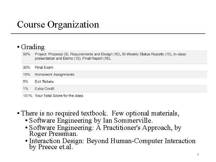 Course Organization • Grading • There is no required textbook. Few optional materials, •