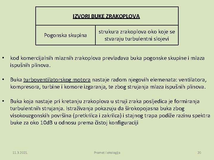 IZVORI BUKE ZRAKOPLOVA Pogonska skupina strukura zrakoplova oko koje se stvaraju turbulentni slojevi • IZVORI BUKE ZRAKOPLOVA Pogonska skupina strukura zrakoplova oko koje se stvaraju turbulentni slojevi •