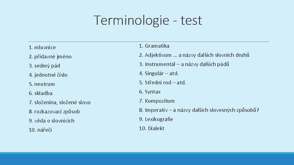 Terminologie - test 1. mluvnice 1. Gramatika 2. přídavné jméno 2. Adjektivum … a