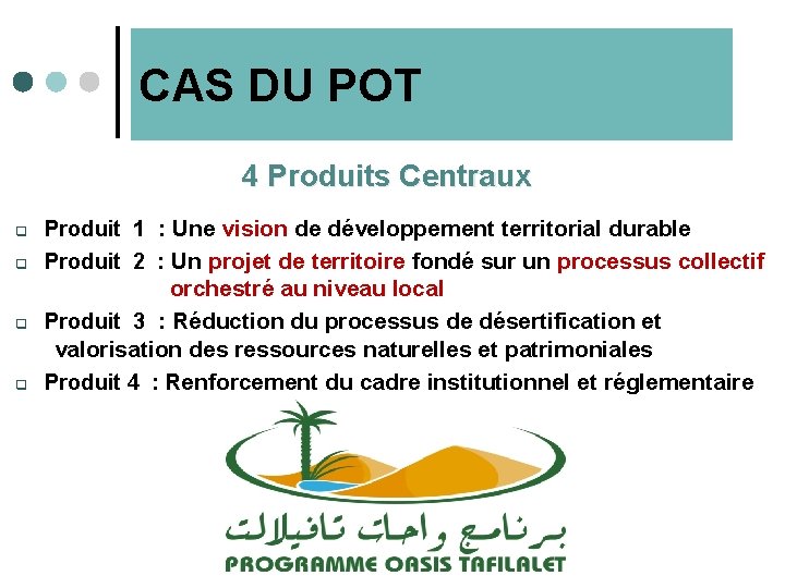 CAS DU POT 4 Produits Centraux q Produit 1 : Une vision de développement