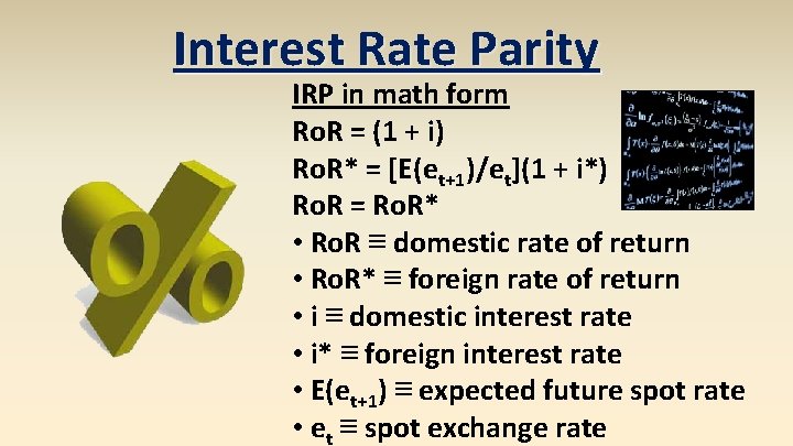 Interest Rate Parity IRP in math form Ro. R = (1 + i) Ro.