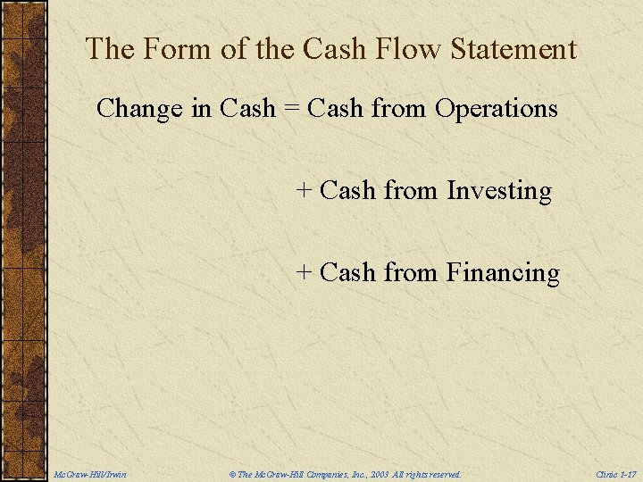 The Form of the Cash Flow Statement Change in Cash = Cash from Operations