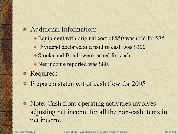 Additional Information: Equipment with original cost of $50 was sold for $35 Dividend declared