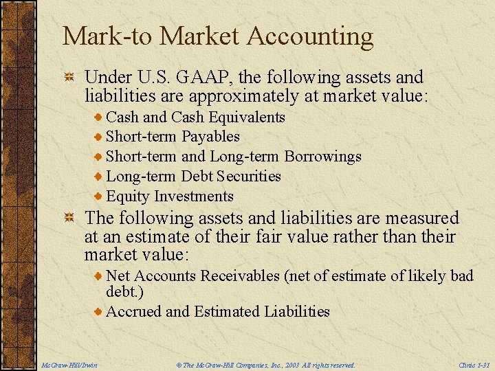 Mark-to Market Accounting Under U. S. GAAP, the following assets and liabilities are approximately