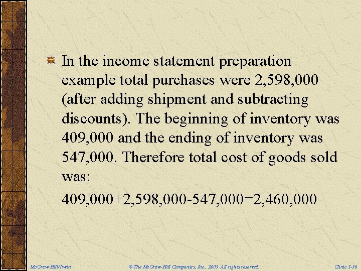 In the income statement preparation example total purchases were 2, 598, 000 (after adding