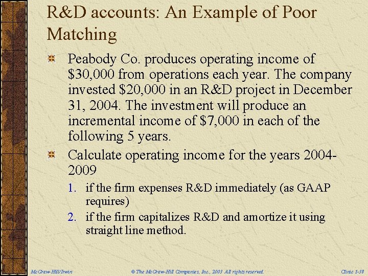R&D accounts: An Example of Poor Matching Peabody Co. produces operating income of $30,