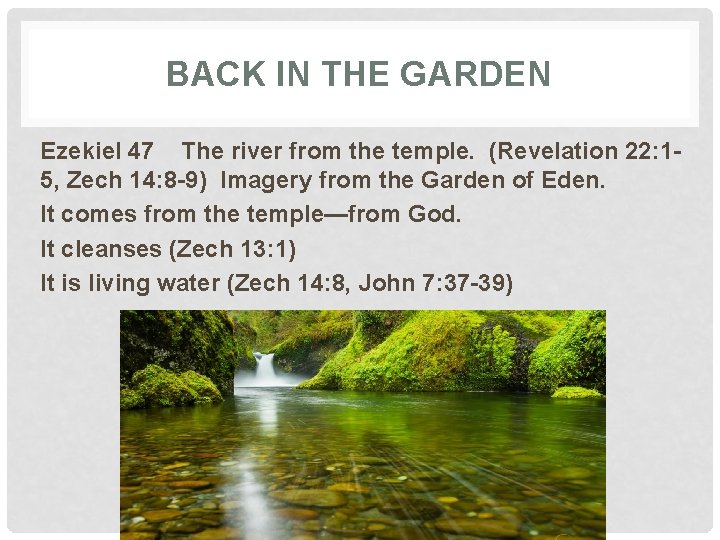 BACK IN THE GARDEN Ezekiel 47 The river from the temple. (Revelation 22: 15,