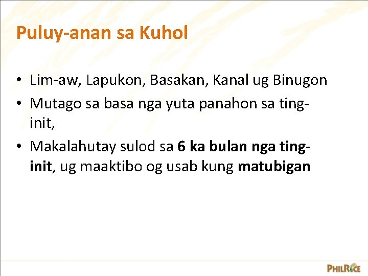 Puluy-anan sa Kuhol • Lim-aw, Lapukon, Basakan, Kanal ug Binugon • Mutago sa basa Puluy-anan sa Kuhol • Lim-aw, Lapukon, Basakan, Kanal ug Binugon • Mutago sa basa