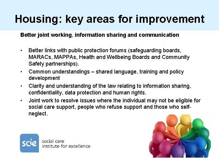 Housing: key areas for improvement Better joint working, information sharing and communication • •