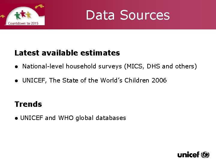 Data Sources Latest available estimates ● National-level household surveys (MICS, DHS and others) ●