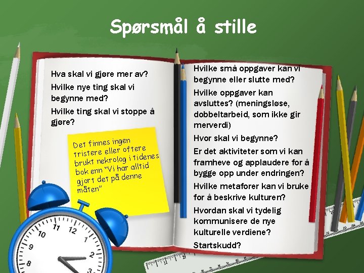 Spørsmål å stille Hva skal vi gjøre mer av? Hvilke nye ting skal vi Spørsmål å stille Hva skal vi gjøre mer av? Hvilke nye ting skal vi