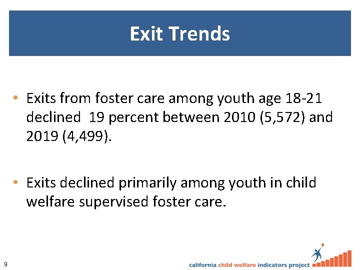 Exit Trends • Exits from foster care among youth age 18 -21 declined 19