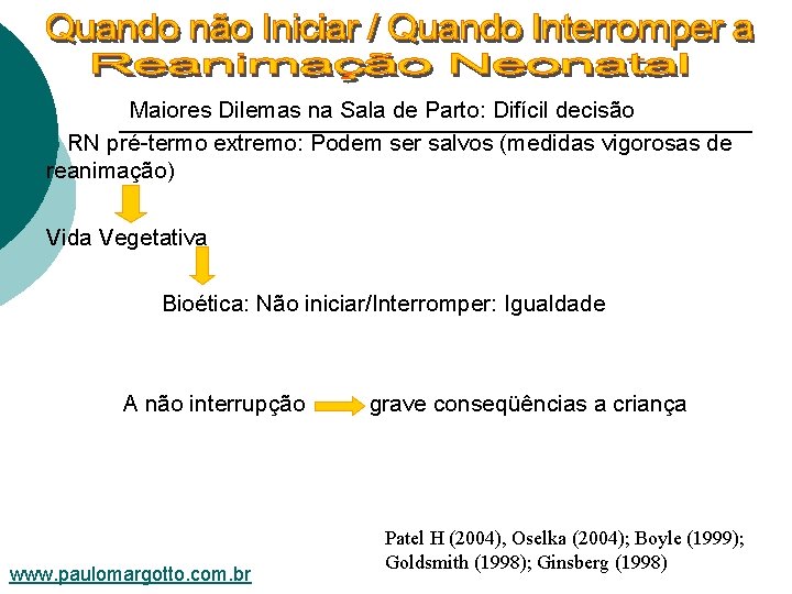 Maiores Dilemas na Sala de Parto: Difícil decisão ¡ RN pré-termo extremo: Podem ser