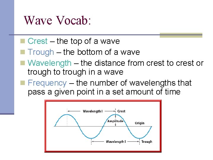 Wave Vocab: n Crest – the top of a wave n Trough – the