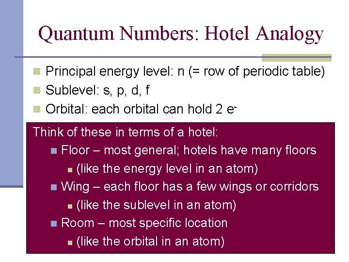 Quantum Numbers: Hotel Analogy n Principal energy level: n (= row of periodic table)