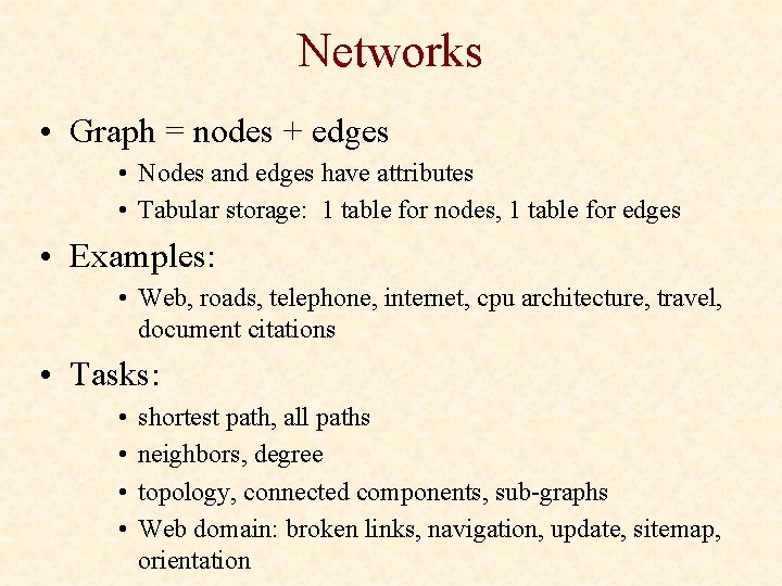 Networks • Graph = nodes + edges • Nodes and edges have attributes •
