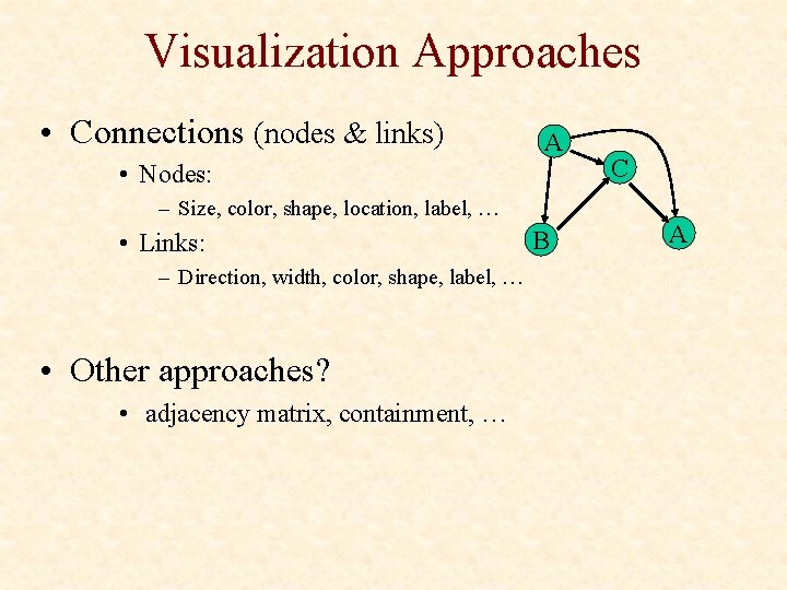 Visualization Approaches • Connections (nodes & links) A • Nodes: – Size, color, shape,