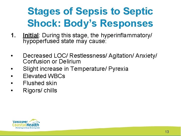 Stages of Sepsis to Septic Shock: Body’s Responses 1. Initial: During this stage, the