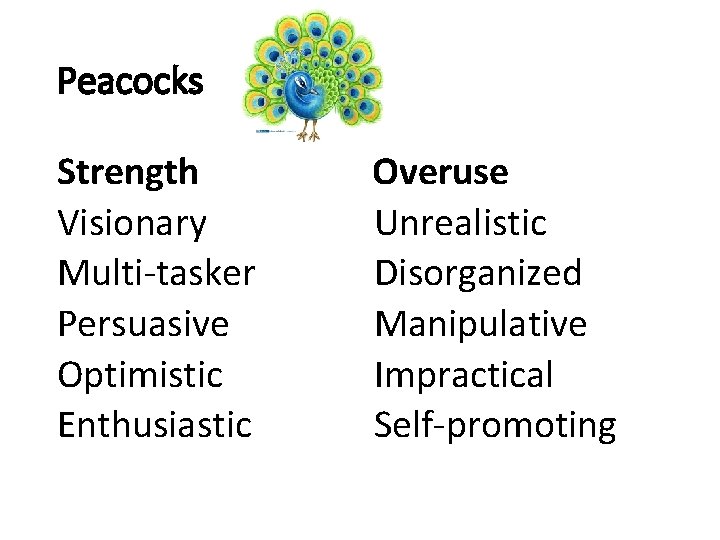 Peacocks Strength Visionary Multi-tasker Persuasive Optimistic Enthusiastic Overuse Unrealistic Disorganized Manipulative Impractical Self-promoting 