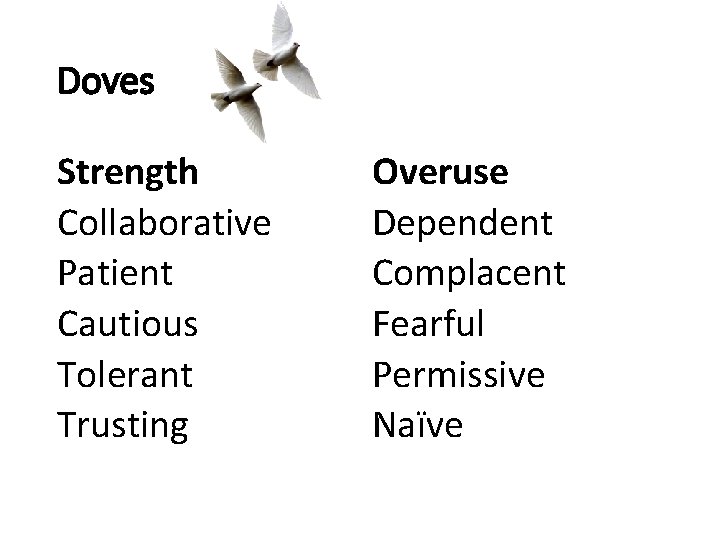 Doves Strength Collaborative Patient Cautious Tolerant Trusting Overuse Dependent Complacent Fearful Permissive Naïve 