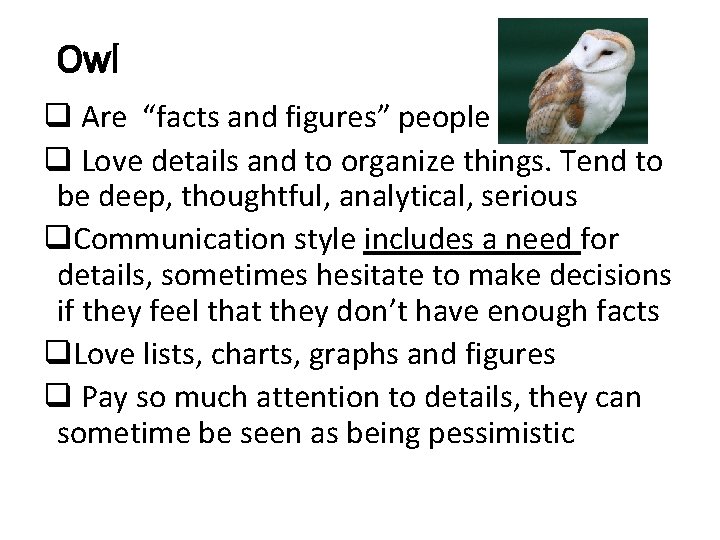 Owl q Are “facts and figures” people q Love details and to organize things.