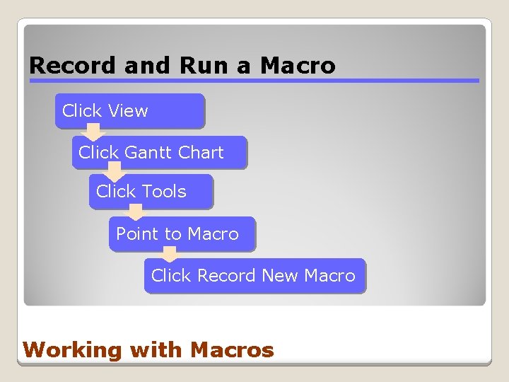 Record and Run a Macro Click View Click Gantt Chart Click Tools Point to