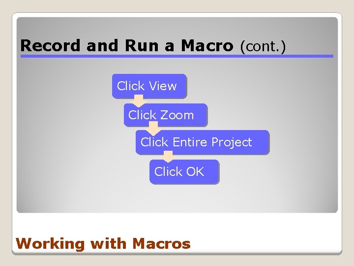 Record and Run a Macro (cont. ) Click View Click Zoom Click Entire Project