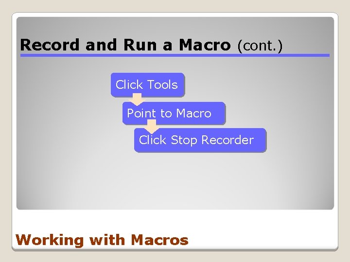 Record and Run a Macro (cont. ) Click Tools Point to Macro Click Stop