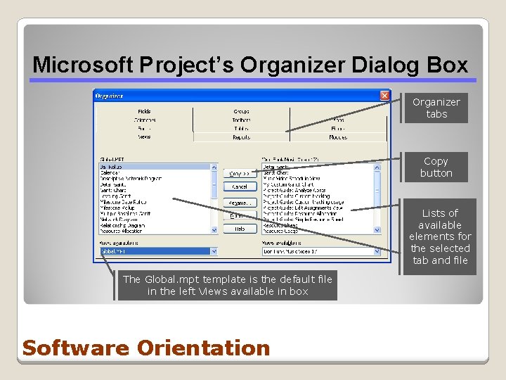 Microsoft Project’s Organizer Dialog Box Organizer tabs Copy button Lists of available elements for