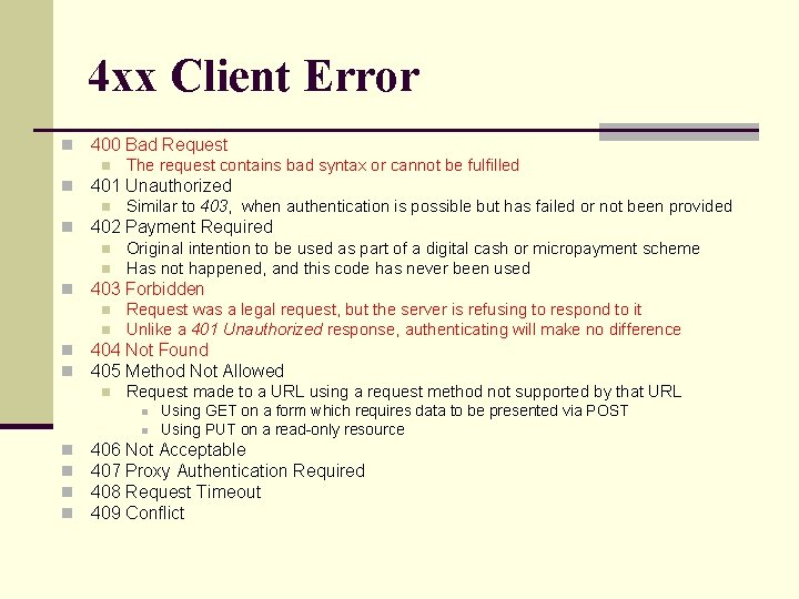 4 xx Client Error n 400 Bad Request n n 401 Unauthorized n n