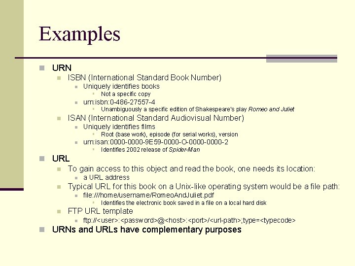 Examples n URN n ISBN (International Standard Book Number) n Uniquely identifies books §