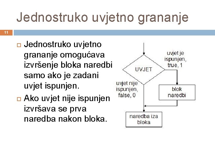 Jednostruko uvjetno grananje 11 Jednostruko uvjetno grananje omogućava izvršenje bloka naredbi samo ako je