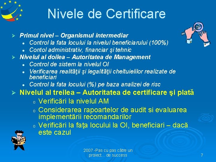 Nivele de Certificare Primul nivel – Organismul intermediar l Control la fata locului la