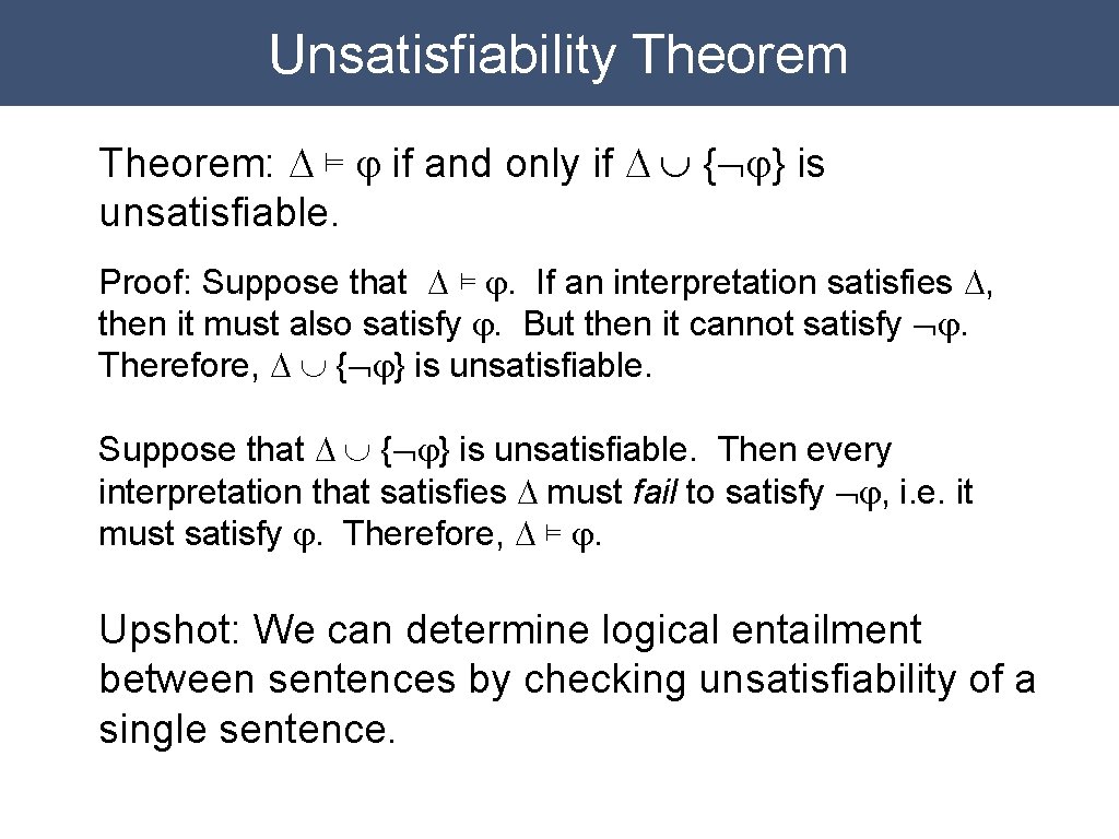 Unsatisfiability Theorem: D ⊨ j if and only if D È {Øj} is unsatisfiable.
