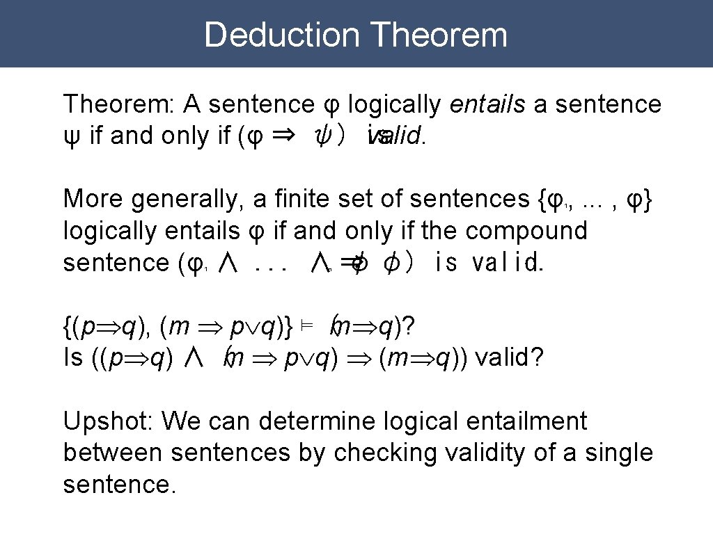 Deduction Theorem: A sentence φ logically entails a sentence ψ if and only if
