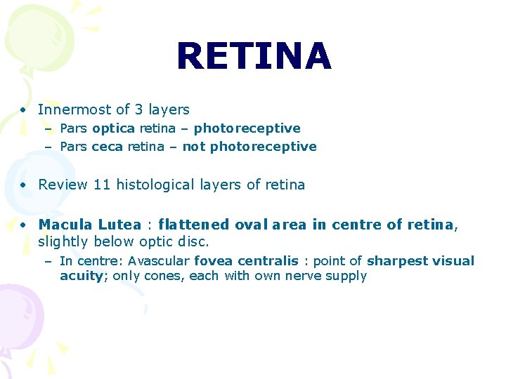 RETINA • Innermost of 3 layers – Pars optica retina – photoreceptive – Pars RETINA • Innermost of 3 layers – Pars optica retina – photoreceptive – Pars