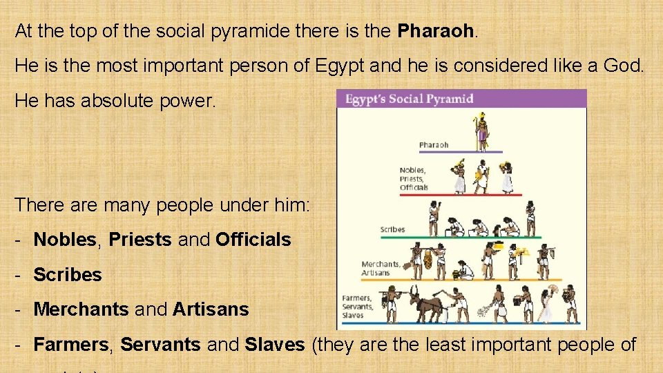 At the top of the social pyramide there is the Pharaoh. He is the