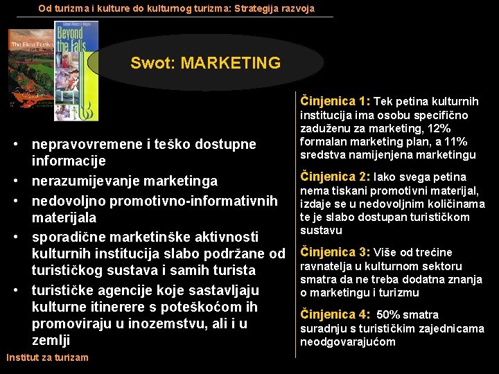 Od turizma i kulture do kulturnog turizma: Strategija razvoja Swot: MARKETING Činjenica 1: Tek