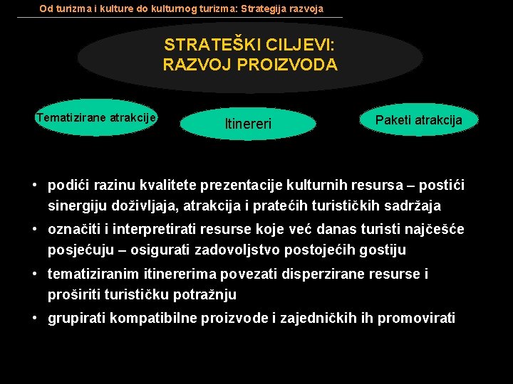 Od turizma i kulture do kulturnog turizma: Strategija razvoja STRATEŠKI CILJEVI: RAZVOJ PROIZVODA Tematizirane Od turizma i kulture do kulturnog turizma: Strategija razvoja STRATEŠKI CILJEVI: RAZVOJ PROIZVODA Tematizirane